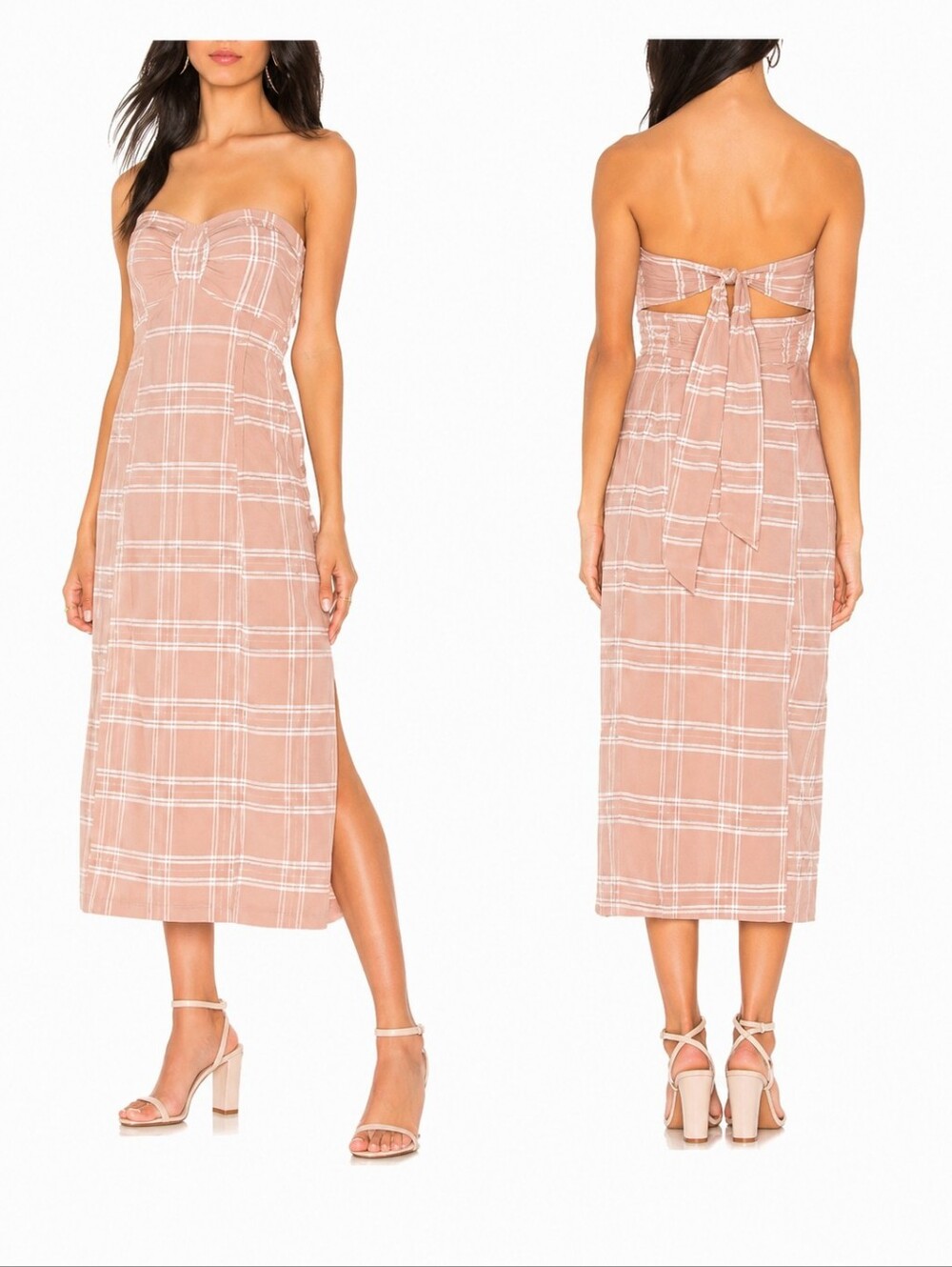Poshmark:Free People Strapless Plaid Midi Dress Linen Cotton Tie Back Side L